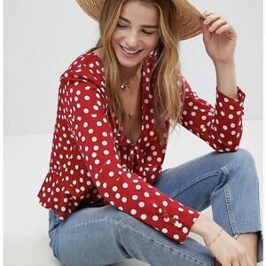 ASOS Design Polka Dot Cropped Top Womens Size 6 Red White Tie Front Blouse